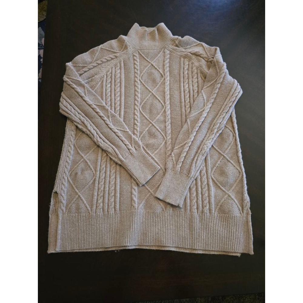 Women's Oversized Philosophy Beige Cable Knit Turtleneck Fisherman Sweater XS